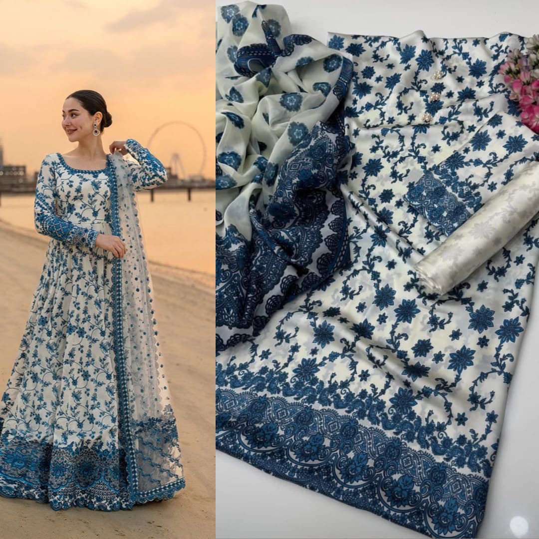 LULUSAR White & Navy Blue Floral Digital Printed Shamooz Silk 3 Piece Unstitched Suit
