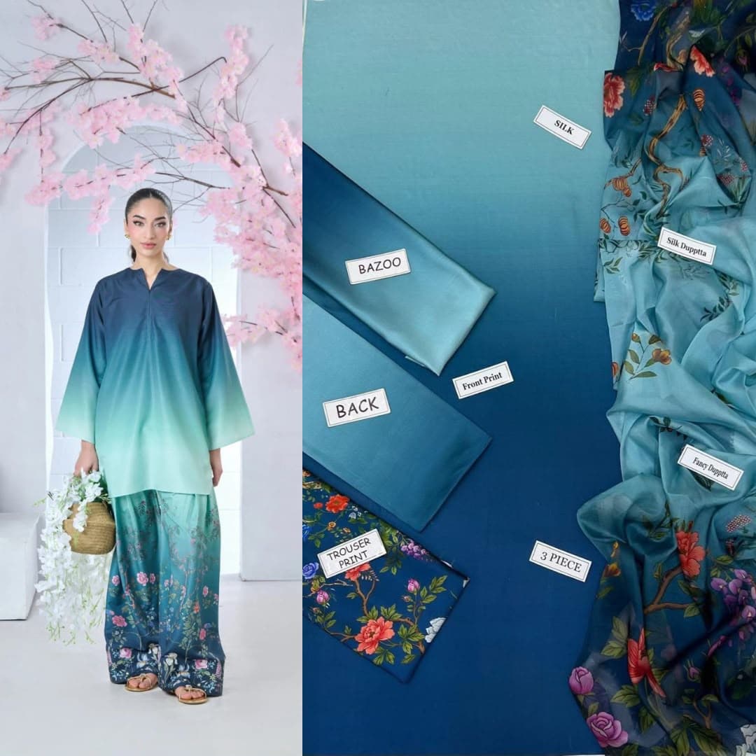 LULUSAR Sky Blue Gradient Digital Printed Shamooz Silk 3 Piece Unstitched Suit