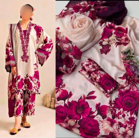 LULUSAR White & Magenta Floral Digital Printed Shamooz Silk 3 Piece Unstitched Suit