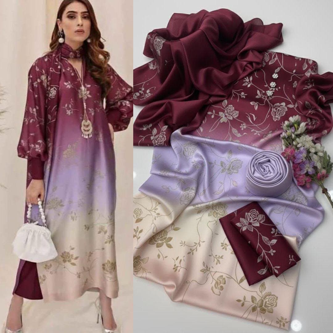 LULUSAR Maroon Ombre Digital Printed Shamooz Silk 3 Piece Unstitched Suit