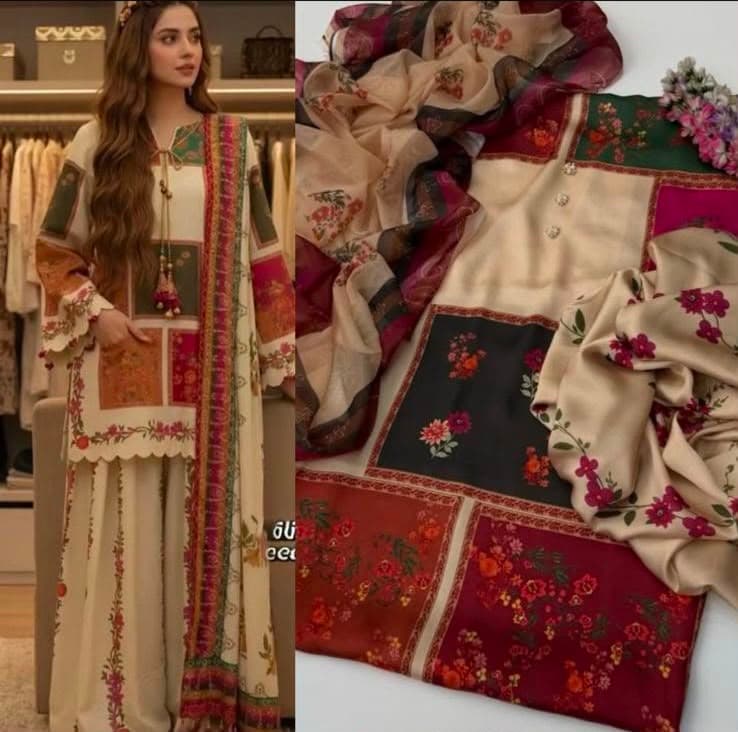 LULUSAR Multicolor Patch Print Digital Printed Shamooz Silk 3 Piece Unstitched Suit