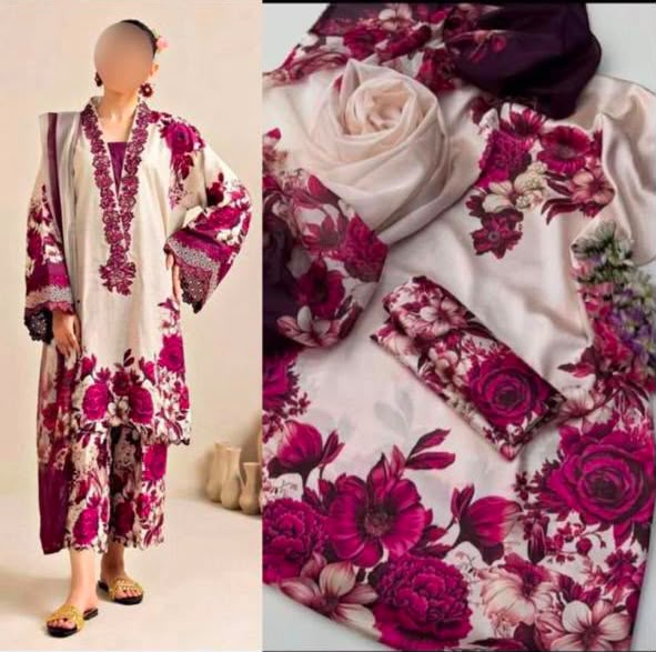 LULUSAR White & Magenta Floral Digital Printed Shamooz Silk 3 Piece Unstitched Suit