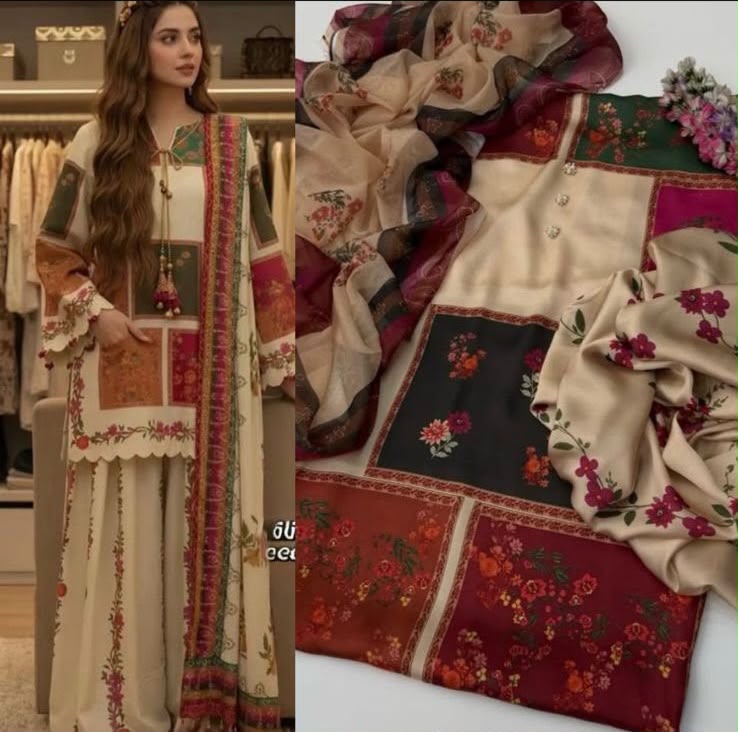 LULUSAR Multicolor Patch Print Digital Printed Shamooz Silk 3 Piece Unstitched Suit