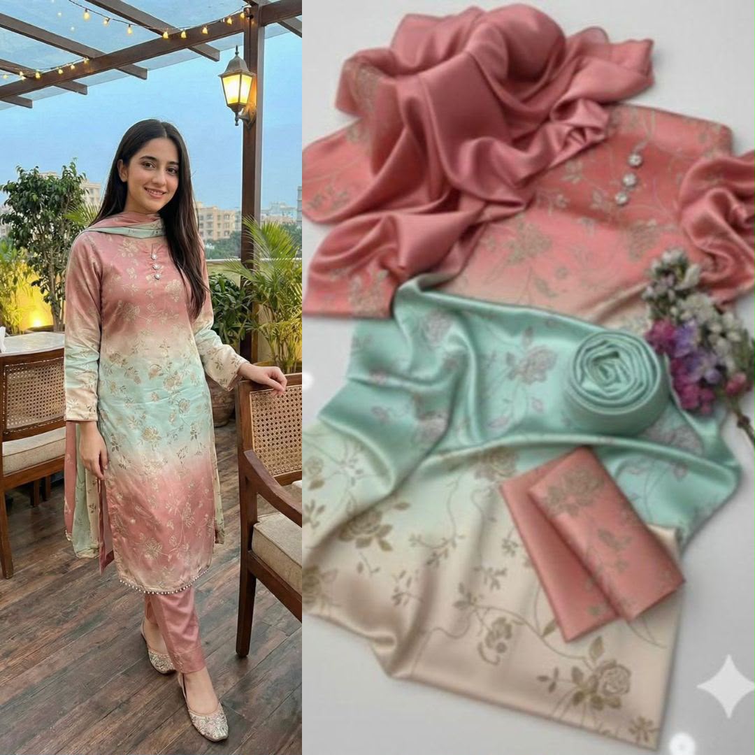 LULUSAR Peach Mint Gradient Digital Printed Shamooz Silk 3 Piece Unstitched Suit
